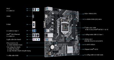MAINBOARD ASUS PRIME H510M-K (INTEL H510, SOCKET 1200, M-ATX, 2 KHE RAM DDR4) bảo hành chính hãng 36 tháng 8 mainboard asus prime h510m k mota3