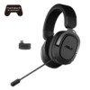 Tai nghe chơi game không dây TUF Gaming H3 Wireless sử dụng chuẩn kết nối 2.4 GHz qua thiết bị USB-C dongle, âm thanh vòm 7.1, âm trầm sâu và thiết kế siêu nhẹ. Tương thích với PC, Mac, PlayStation® 5, Nintendo Switch™ 1 w692