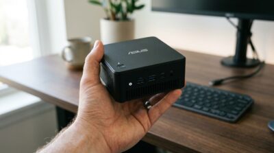 Bàn tay một người nhẹ nhàng cầm Bộ Mini PC ASUS NUC13 PRO Tall màu đen, nhỏ gọn, nổi bật trên nền bàn làm việc hiện đại tối giản đã được làm mờ.