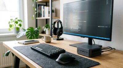 Máy Tính Asus NUC mini nhỏ gọn, tinh tế đặt trên bàn làm việc tối giản cùng màn hình hiện đại, bàn phím và chuột không dây, làm nổi bật thiết kế sang trọng trong không gian chuyên nghiệp.