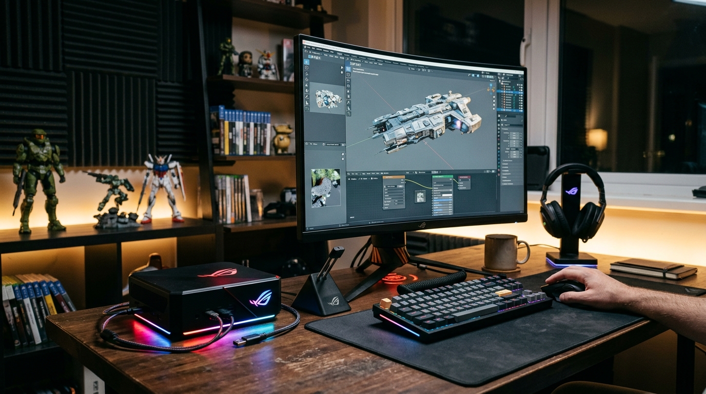 Máy tính Asus NUC ROG mạnh mẽ với ánh sáng RGB dịu nhẹ trên bàn làm việc hoặc chơi game, kèm màn hình hiển thị phần mềm đồ họa 3D hoặc game và bàn phím chuột cơ gần đó.