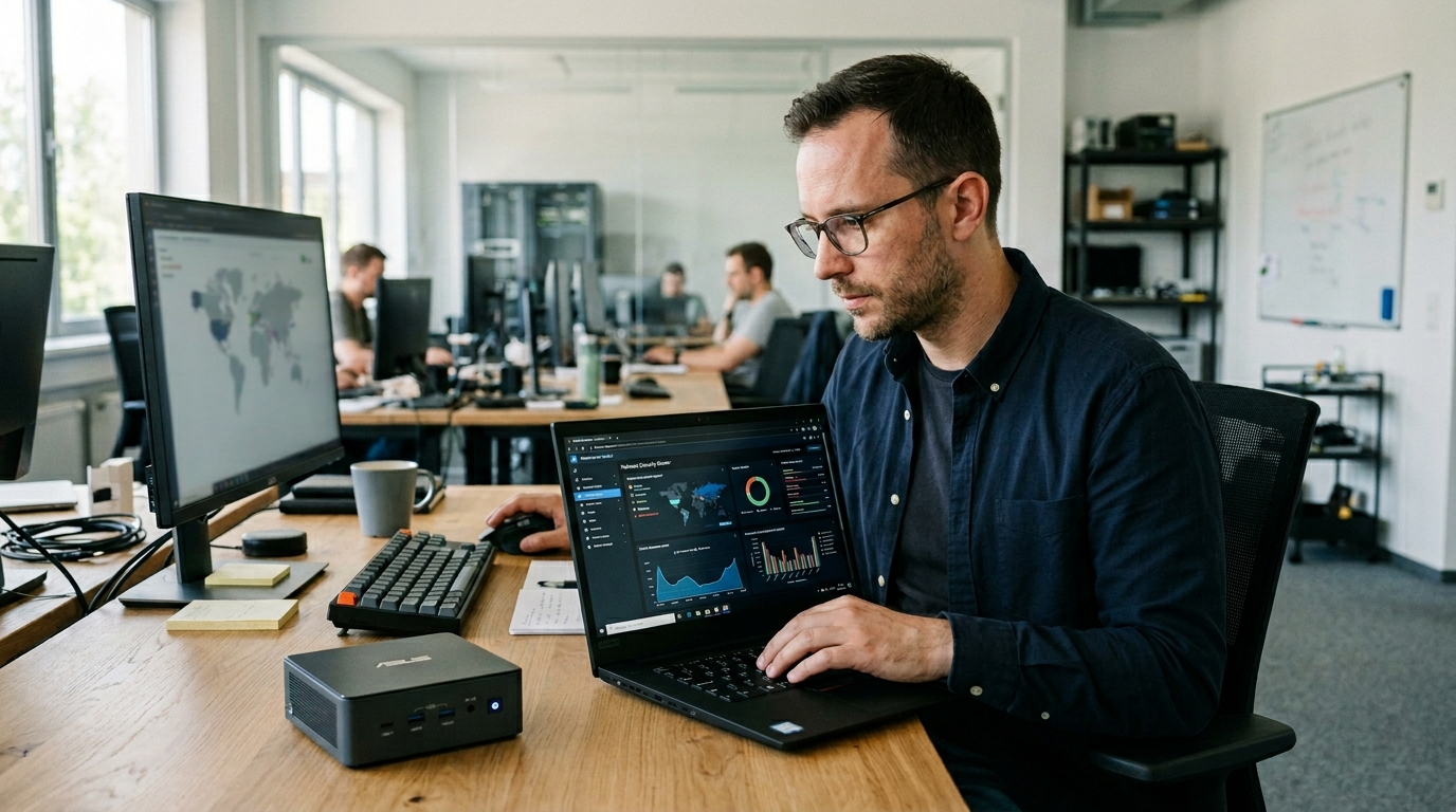 Quản trị viên IT chuyên nghiệp ngồi tại bàn làm việc gọn gàng, tập trung vào màn hình laptop hiển thị giao diện quản lý mạng, bên cạnh là một PC mini ASUS NUC 13 Pro, thể hiện khả năng quản lý từ xa và bảo mật mạnh mẽ cho môi trường doanh nghiệp. Quản trị viên IT chuyên nghiệp ngồi tại bàn làm việc gọn gàng, tập trung vào màn hình laptop hiển thị giao diện quản lý mạng, bên cạnh là một PC mini ASUS NUC 13 Pro, thể hiện khả năng quản lý từ xa và bảo mật mạnh mẽ cho môi trường doanh nghiệp.