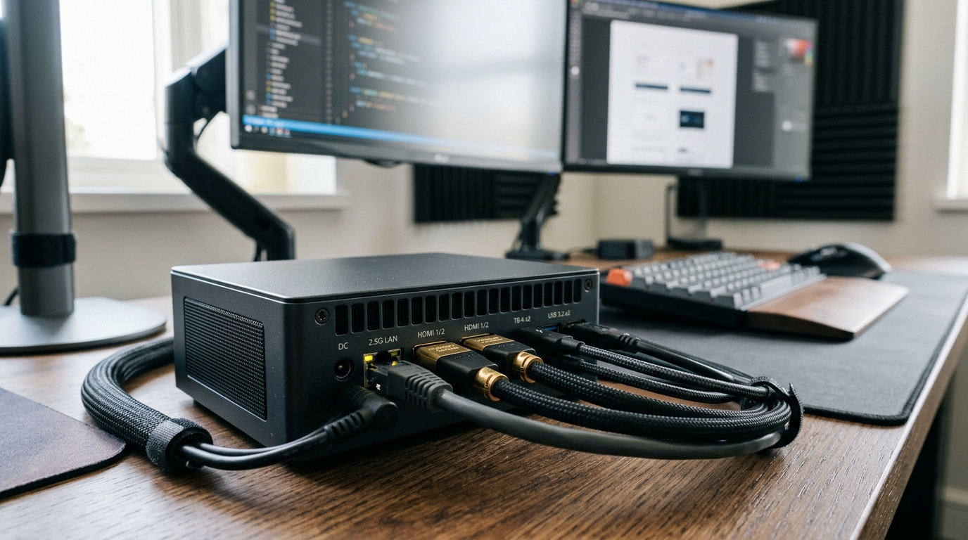 Hình ảnh cận cảnh các cổng kết nối phía sau của ASUS NUC 13 Pro với nhiều cáp HDMI 2.1, Thunderbolt 4 và Ethernet được cắm gọn gàng dẫn đến các màn hình và thiết bị ngoại vi trên bàn làm việc chuyên nghiệp, thể hiện tùy chọn kết nối mở rộng. Hình ảnh cận cảnh các cổng kết nối phía sau của ASUS NUC 13 Pro với nhiều cáp HDMI 2.1, Thunderbolt 4 và Ethernet được cắm gọn gàng dẫn đến các màn hình và thiết bị ngoại vi trên bàn làm việc chuyên nghiệp, thể hiện tùy chọn kết nối mở rộng.