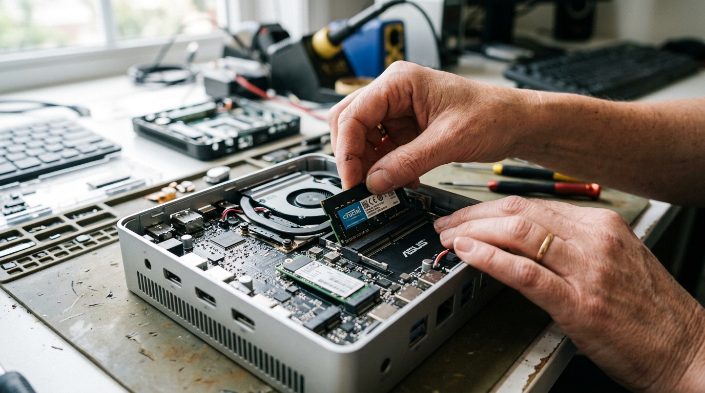 Một bàn tay đang cẩn thận lắp thanh RAM vào khe cắm bên trong vỏ của Máy Tính Asus NUC đang mở, cho thấy các linh kiện nội bộ phức tạp và khả năng nâng cấp dễ dàng.