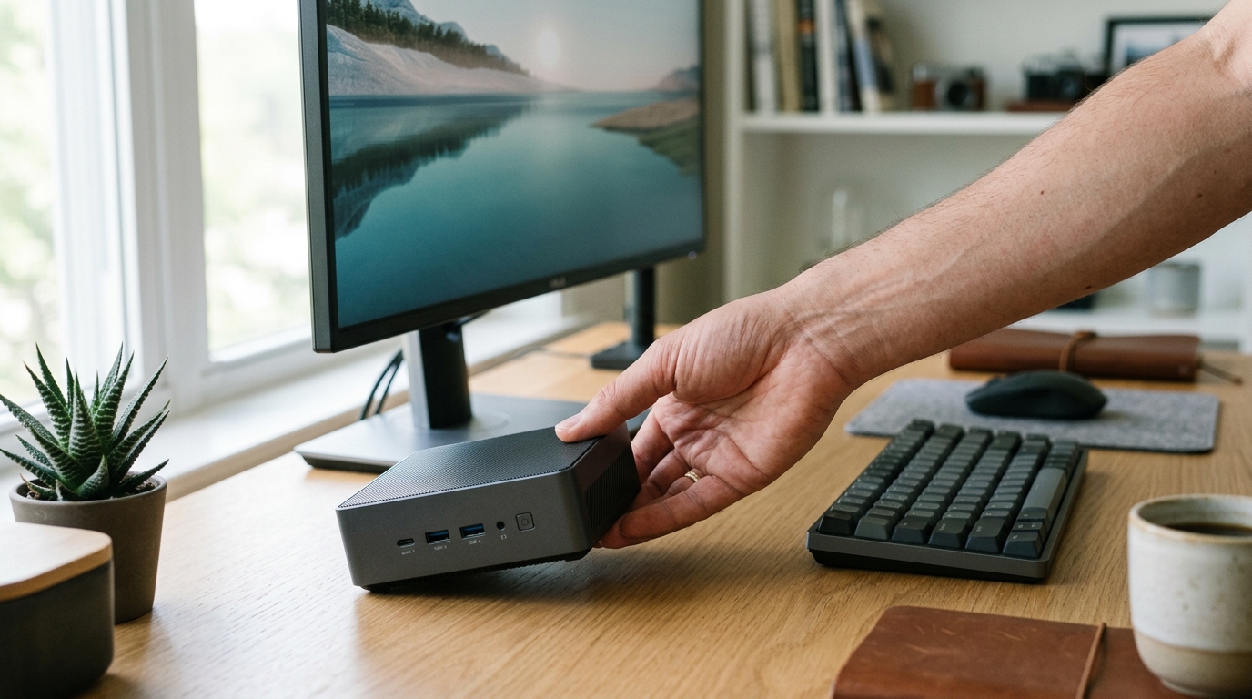 Một bàn tay đang nhẹ nhàng đặt Bộ Mini PC AI Asus Ascent GX10 siêu nhỏ gọn lên bàn làm việc hiện đại bên cạnh màn hình lớn, thể hiện sự tích hợp liền mạch vào không gian chuyên nghiệp. Một bàn tay đang nhẹ nhàng đặt Bộ Mini PC AI Asus Ascent GX10 siêu nhỏ gọn lên bàn làm việc hiện đại bên cạnh màn hình lớn, thể hiện sự tích hợp liền mạch vào không gian chuyên nghiệp.