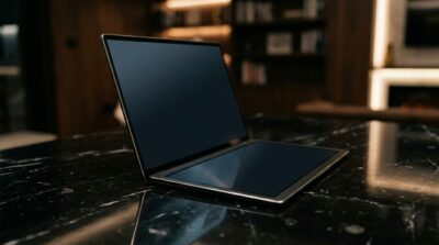 ASUS ROG Zephyrus DUO 2026, laptop hai màn hình màu xám nhôm, trên đá cẩm thạch đen, ánh sáng điện ảnh, góc thấp