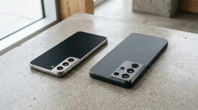 So sánh Xiaomi 17T Pro iPhone 16 đặt cạnh nhau trên bề mặt bê tông.