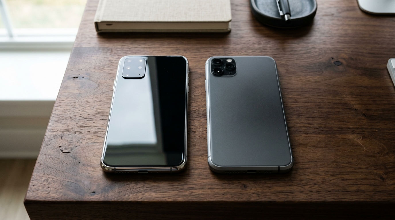 So sánh Xiaomi 17T Pro iPhone 16 đặt trên bàn gỗ tối màu, chụp từ trên xuống, hiển thị lưng kính bóng và nhám So sánh Xiaomi 17T Pro iPhone 16 đặt trên bàn gỗ tối màu, chụp từ trên xuống, hiển thị lưng kính bóng và nhám