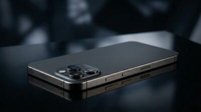 Sleek dark gray smartphone with multi-lens camera, like iPhone 16 Pro Max, iPhone 17 Pro, on reflective surface.