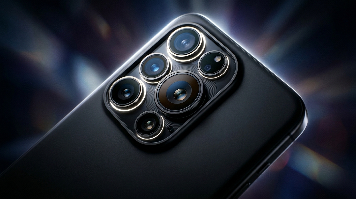 Close-up camera module of an iPhone 16 Pro Max, iPhone 17 Pro dark premium smartphone, showcasing precision metal and sapp...