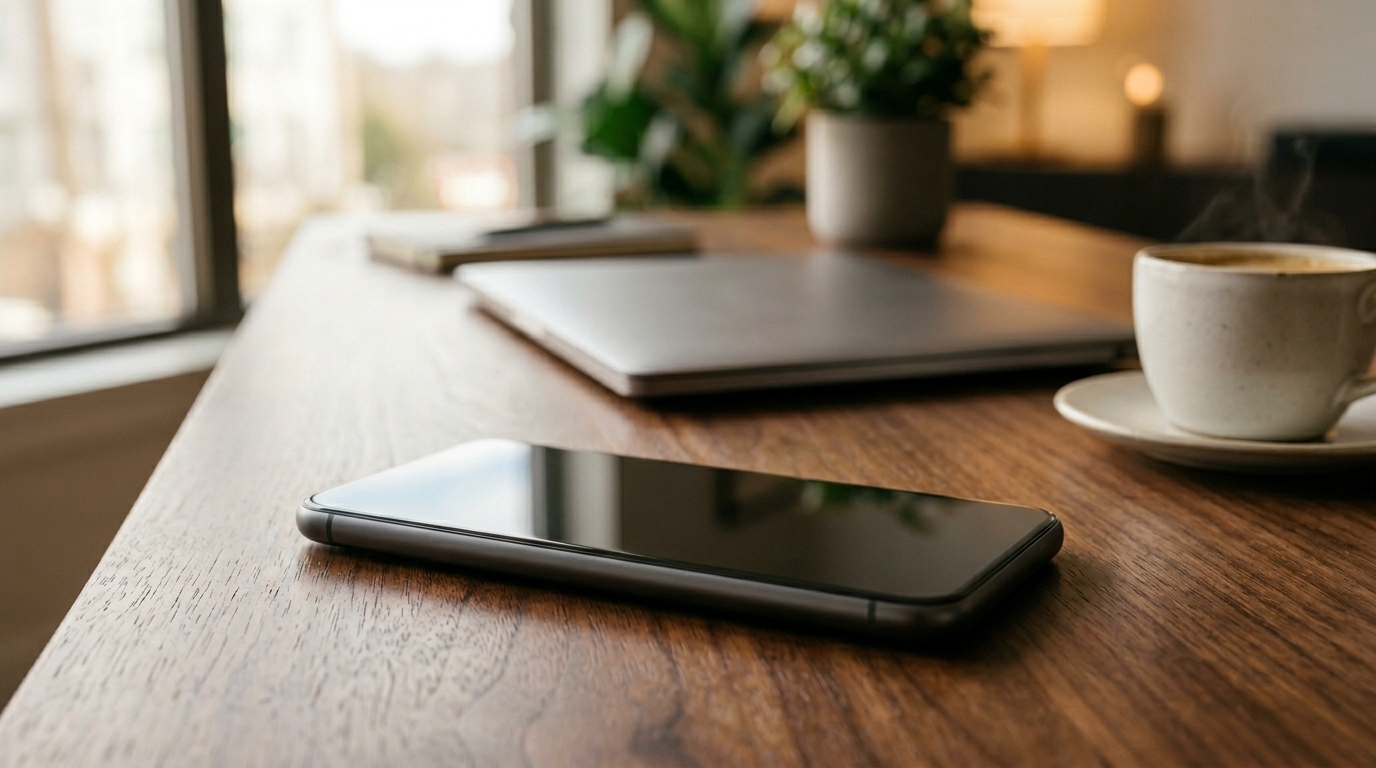 iPhone 16 Pro Max, iPhone 17 Pro màu đen trên bàn gỗ sang trọng, cạnh laptop bạc và ly cà phê trong ánh sáng văn phòng ấm áp.