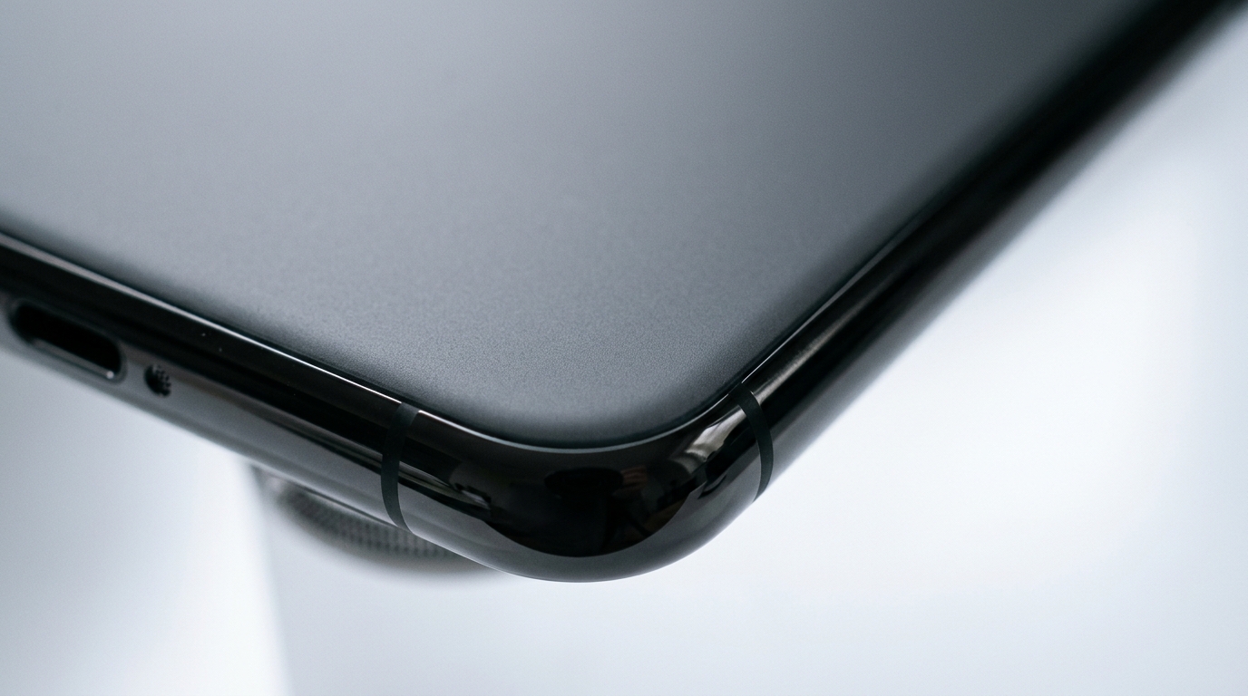 Artistic close-up of a dark-toned premium mobile device, possibly iPhone 16 Pro Max, iPhone 17 Pro, highlighting its curve...