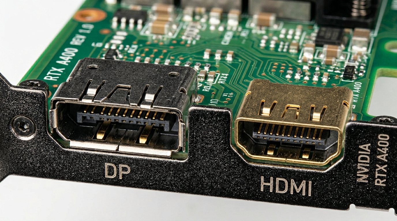 Góc macro cổng DisplayPort, HDMI VGA Leadtek RTX A400 4GB. Góc macro cổng DisplayPort, HDMI VGA Leadtek RTX A400 4GB.