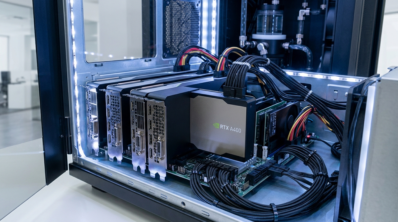 Góc nhìn hơi cao: VGA Leadtek RTX A400 4GB trong thiết lập đa GPU máy trạm. Góc nhìn hơi cao: VGA Leadtek RTX A400 4GB trong thiết lập đa GPU máy trạm.