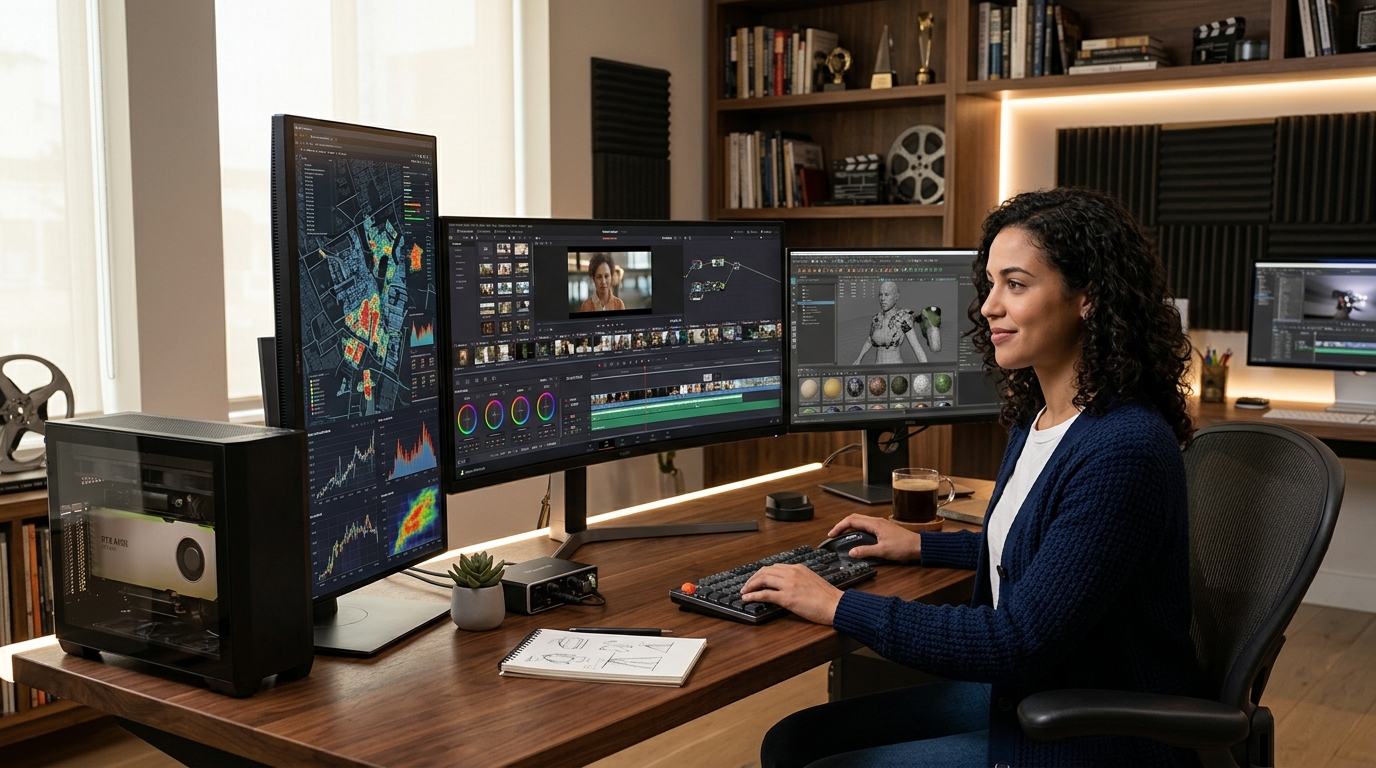 Môi trường studio: NVIDIA RTX A400 Desktop Workstation cấp nguồn đa màn hình.